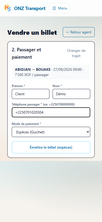 Interface ONZ — vente d'un billet par un agent, passager et paiement